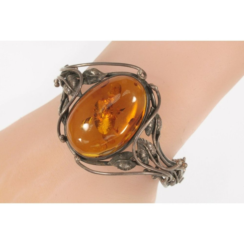 Vintage Sterling Silver Amber and leaves Bangle Bracelet 32.5g
